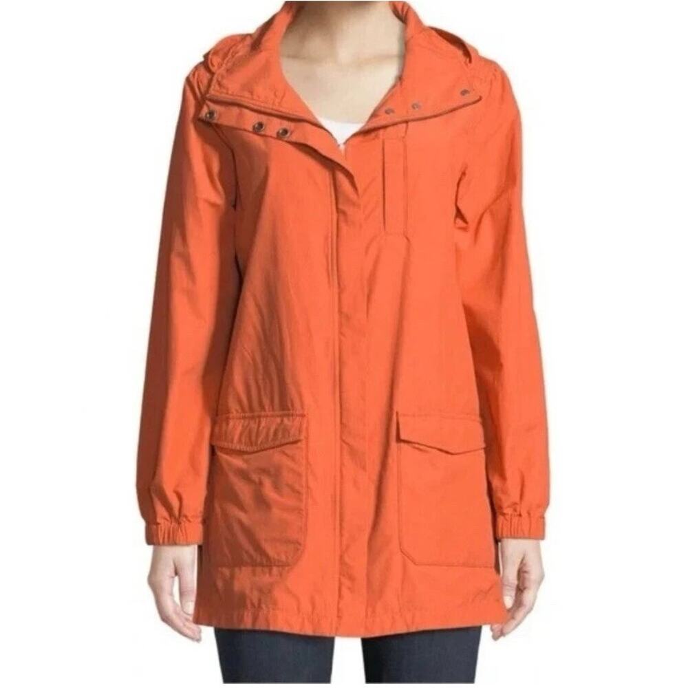 Women's Eileen Fisher Orange Organic Cotton Nylon Hooded Jacket Coat Sz Large - Picture 2 of 7